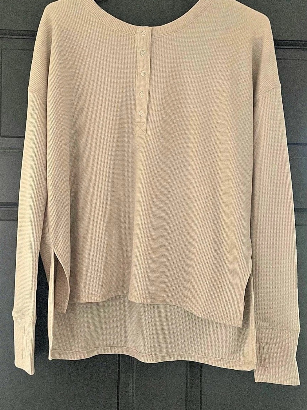 Zenana Waffle Thumb Hole Cuffs Henley Tee Beige Small